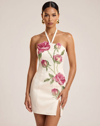 Rose Besticktes Neckholder-Minikleid mit Seitenschlitz - Reinweiß