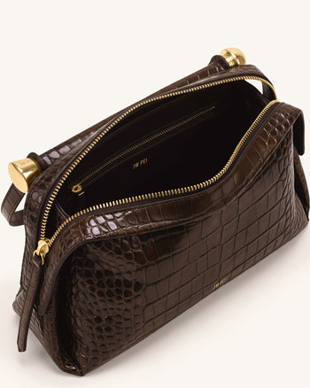 Naomi Schultertasche mit zwei Reißverschlüssen - Braun Krokodiloptik