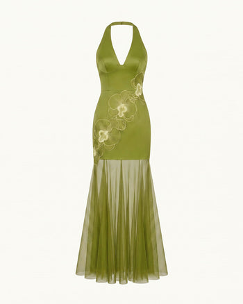 Maxikleid mit Neckholder, Orchideenstickerei und transparentem Saum - Olivgrün