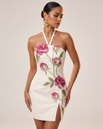 Rose Besticktes Neckholder-Minikleid mit Seitenschlitz - Reinweiß