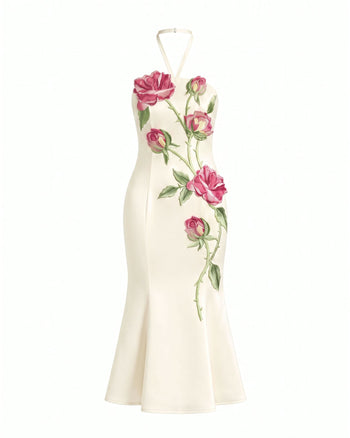 Rose Besticktes Neckholder-Midikleid - Naturweiß