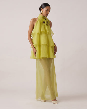 Poppy Besticktes Neckholder-Stufen-Maxikleid mit Rüschen - Limettengrün
