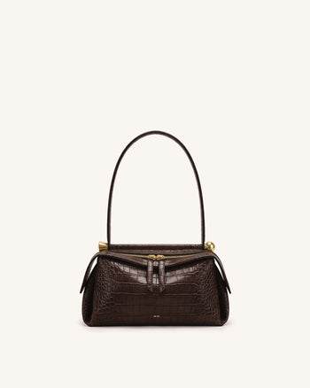 Naomi Schultertasche mit zwei Reißverschlüssen - Braun Krokodiloptik