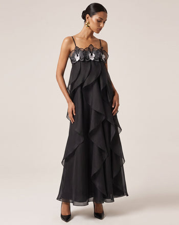 Maxikleid aus Organza mit Orchideenstickerei - Schwarz