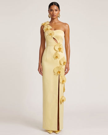 Maxikleid mit Orchideen-Verzierung, Cut-out und Schlitz - Hellgelb