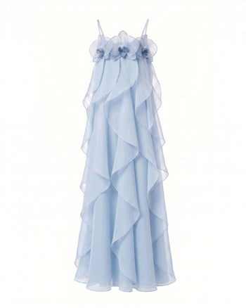 Maxikleid aus Organza mit Orchideenstickerei - Hellblau
