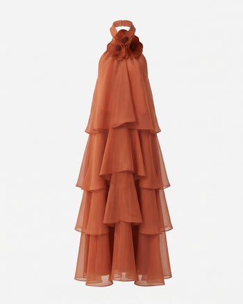 Poppy Besticktes Neckholder-Stufen-Maxikleid mit Rüschen - Burnt Orange