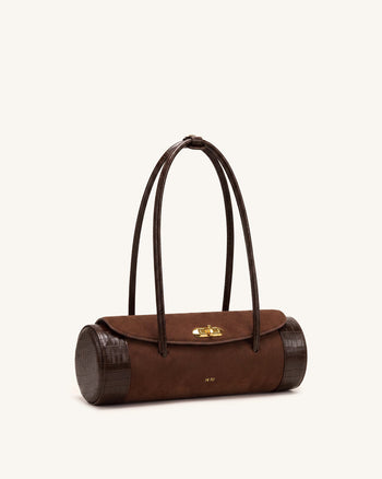Maelis Barrel-Bag aus Kunstwildleder mit Kroko-Besatz - Dunkelbraun