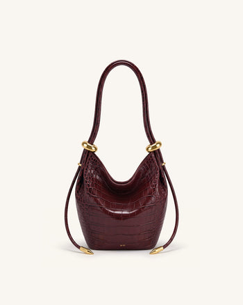 Ellie Beuteltasche mit Metallring-Verzierung - Burgund Krokodiloptik