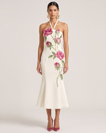 Rose Besticktes Neckholder-Midikleid - Naturweiß