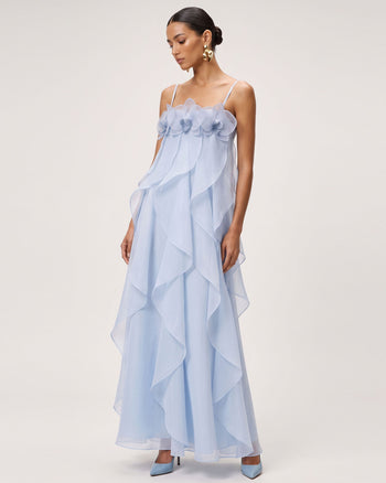 Maxikleid aus Organza mit Orchideenstickerei - Hellblau