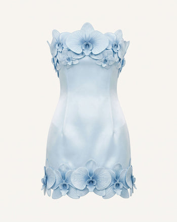 Trägerloses Minikleid mit Orchideen-Verzierung - Blau