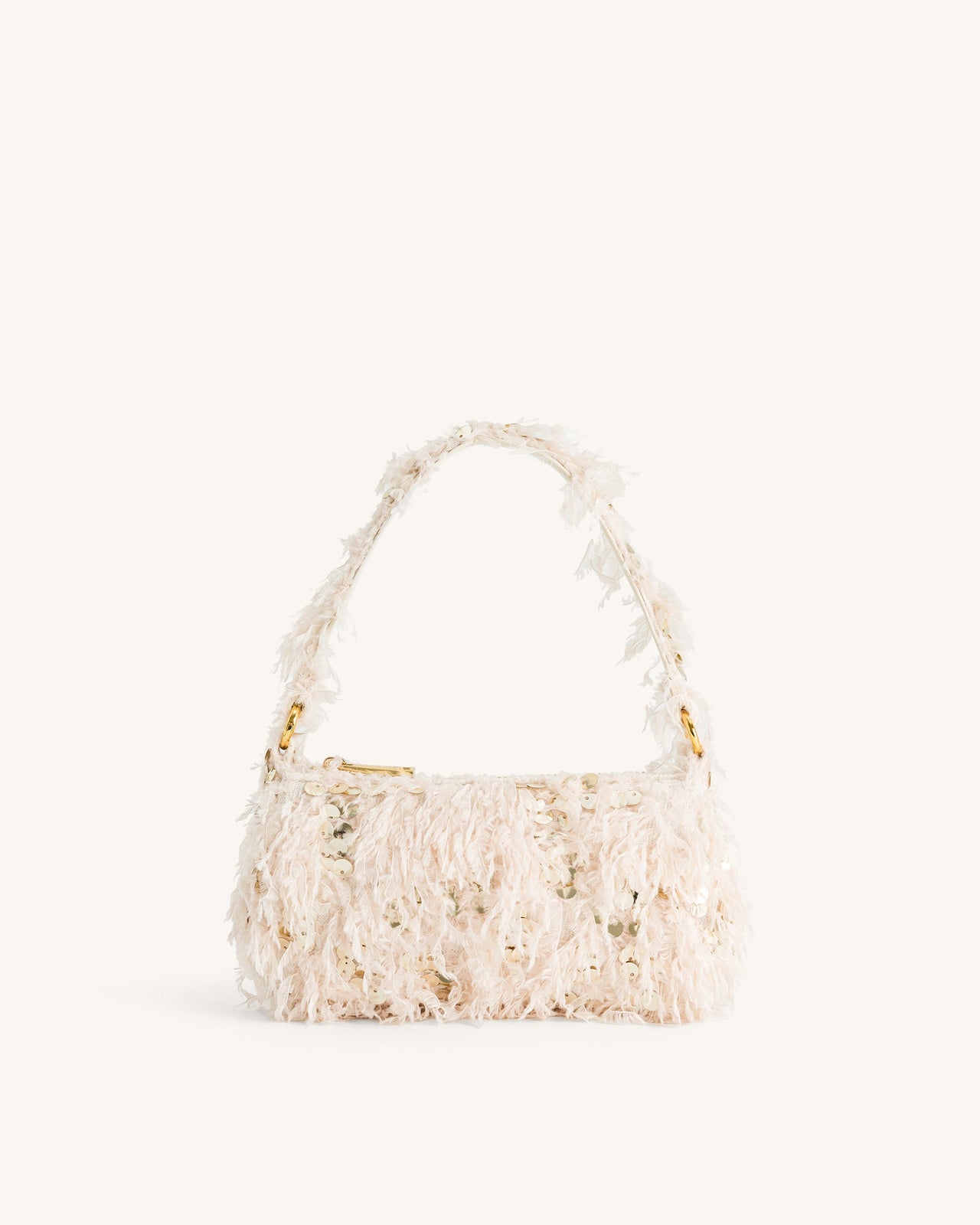 Eva Kunstpelz- und Pailletten-Mini-Schultertasche - Beige