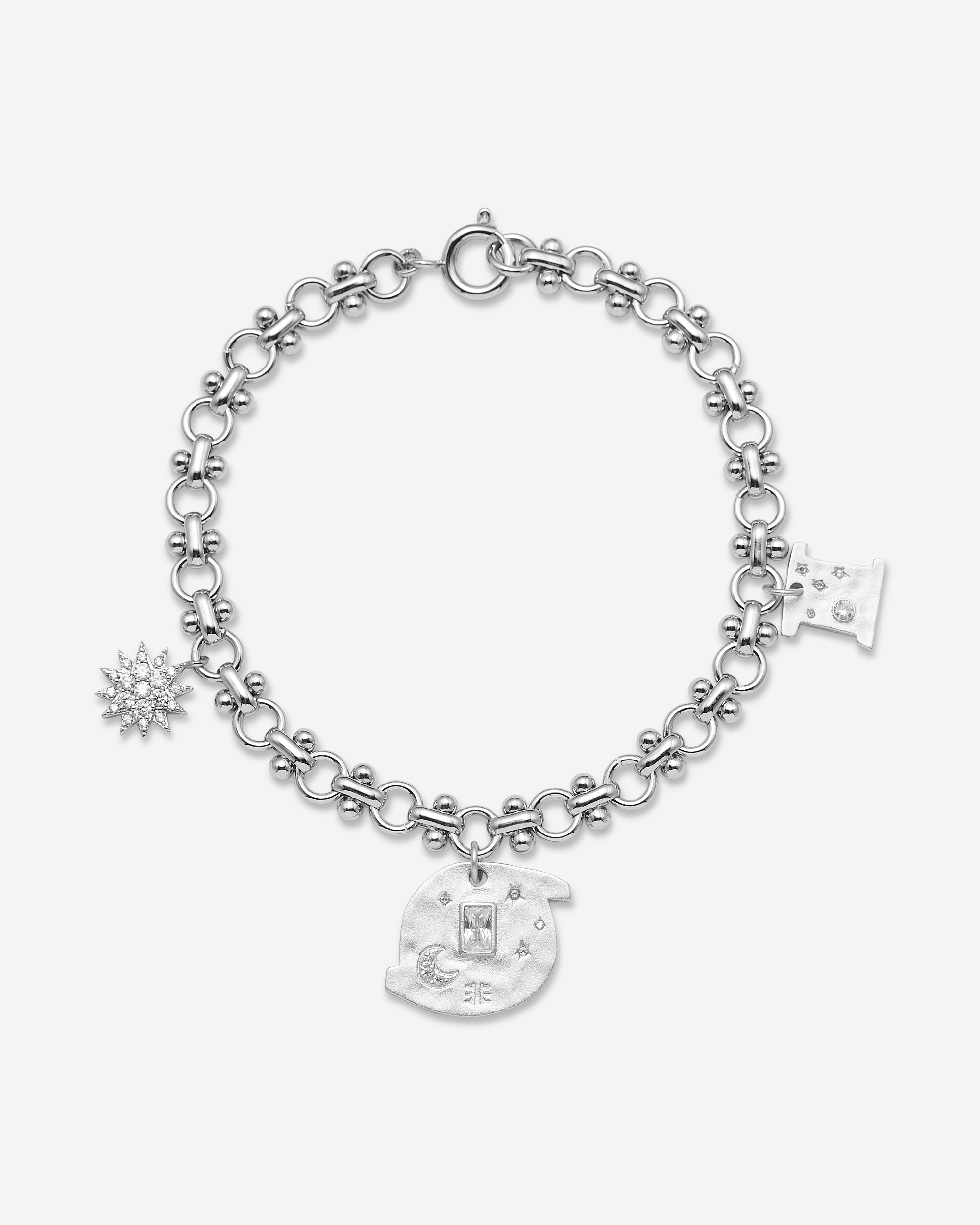 Kosmos Rund Multi Charm Armband - 18 Karat weißvergoldetes & Weißer Zirkon
