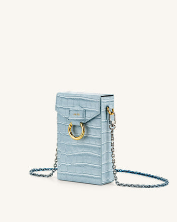 Lola Handytasche mit Kette - Krokodilprägung in Eisblau
