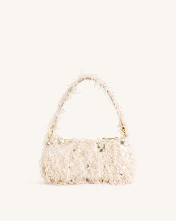 Eva Kunstpelz- und Pailletten-Mini-Schultertasche - Beige