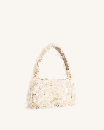 Eva Kunstpelz- und Pailletten-Mini-Schultertasche - Beige