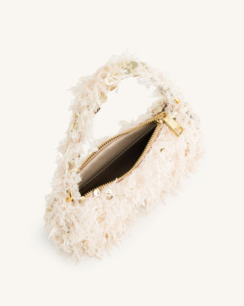 Eva Kunstpelz- und Pailletten-Mini-Schultertasche - Beige
