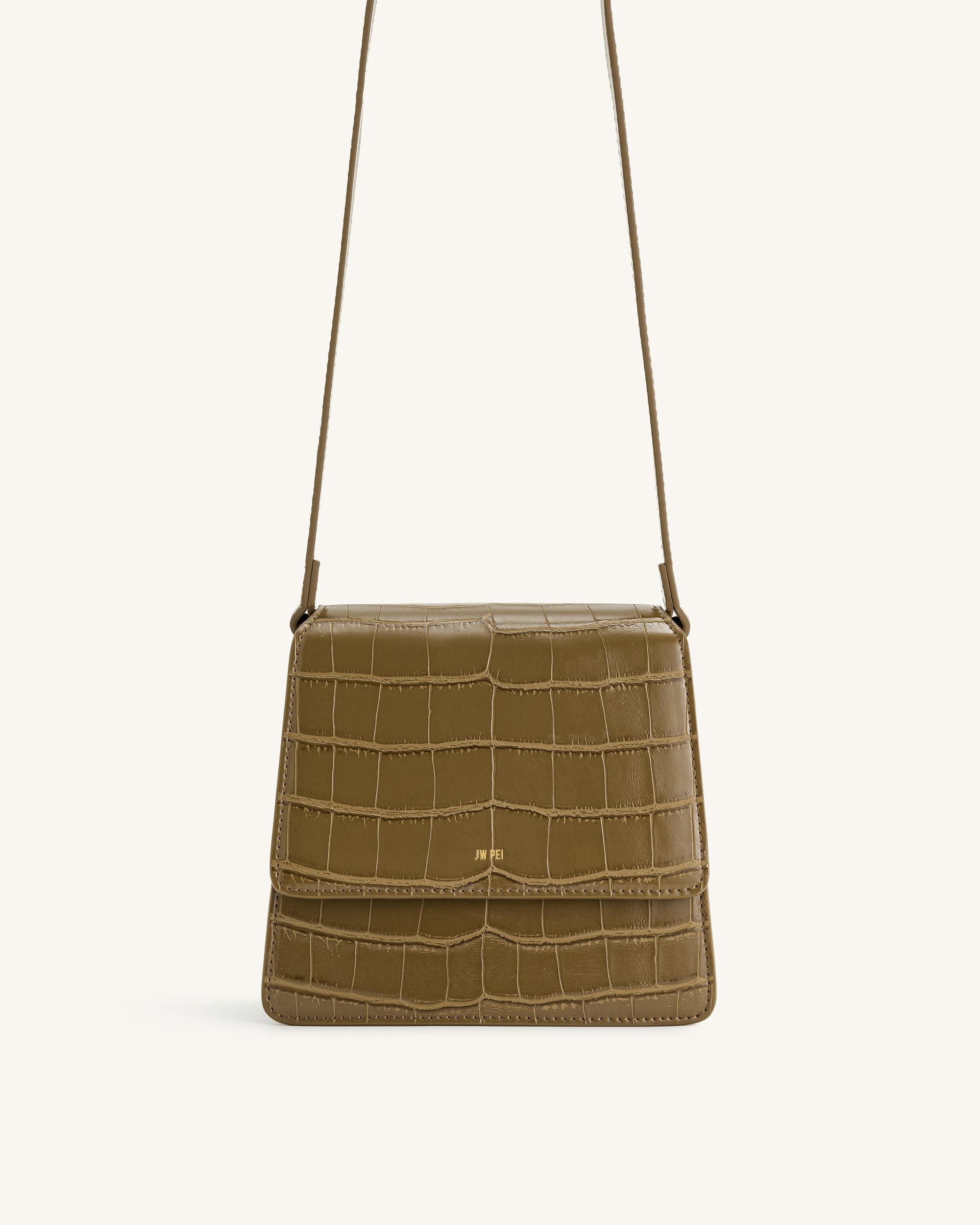 FAE Crossbody-Tasche mit Obergriff - Dunkles Olivenkrokodil
